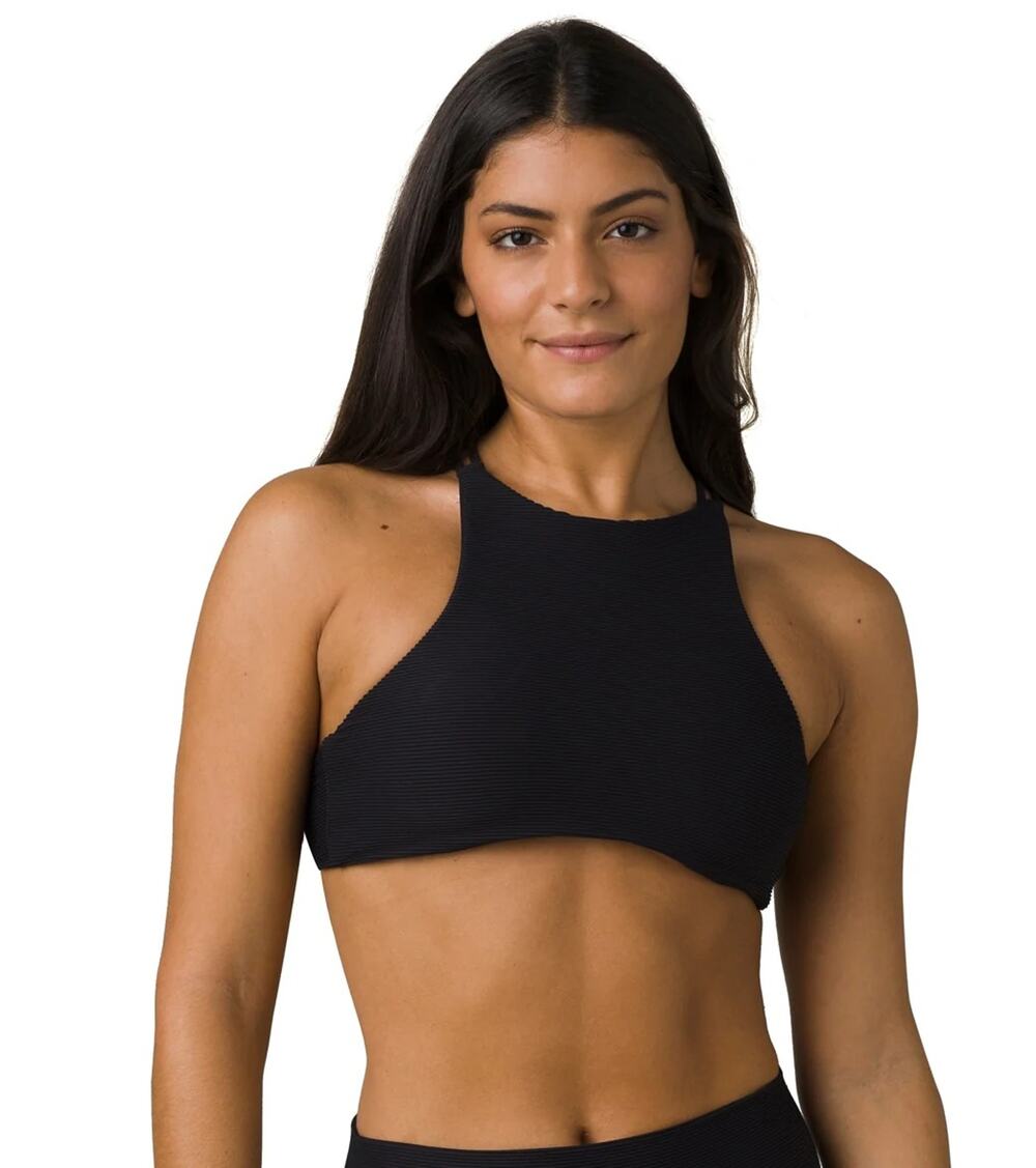 Prana Sz Medium Black Onyx Bay Ottoman Ribbed High Neck Strappy Bikini Top N2-4